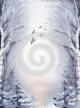 Watercolor winter landscape with fir forest the mountains. Christmas ans new year design. Snow and tree wedding and