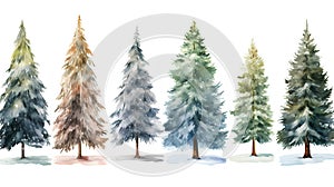 watercolor winter landscape, fir trees, pine forest, hand drawn illustration isolated on white background