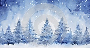 Watercolor winter landscape with fir trees and snowfall. Christmas background. Generative AI