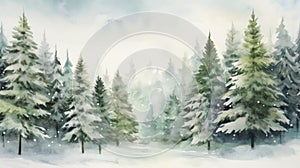 Watercolor winter landscape with fir trees and snowfall. illustration. Generative AI