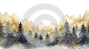Watercolor winter landscape with fir trees and snowflakes. illustration. Generative AI