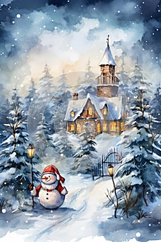 Watercolor winter landscape Illustration. Christmas evening village houses with snow spruce forest.