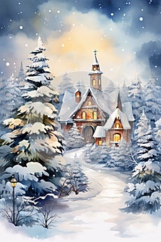 Watercolor winter landscape Illustration. Christmas evening village houses with snow spruce forest