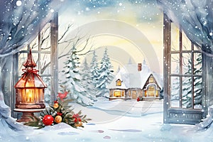 Watercolor winter landscape Illustration . Christmas village houses with snow spruce forest.