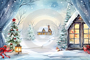 Watercolor winter landscape Illustration . Christmas village houses with snow spruce forest.