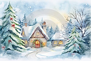 Watercolor winter landscape Illustration . Christmas village houses with snow spruce forest.