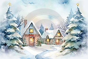 Watercolor winter landscape Illustration . Christmas village houses with snow spruce forest