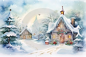 Watercolor winter landscape. Illustration. Christmas village houses with snow spruce forest.