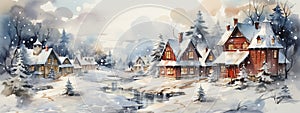 Watercolor winter landscape Illustration . Christmas village houses with snow spruce forest. Banner