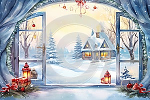 Watercolor winter landscape Illustration . Christmas village houses with spruce forest from window.