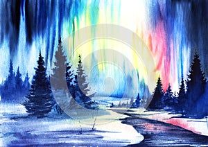 Watercolor winter landscape. Northern Lights. Aurora borealis. Dark blue silhouettes of slender fir trees. Coniferous