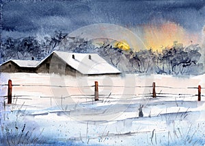 Watercolor winter landscape with a snow-covered field, several village houses