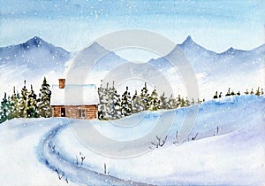 Watercolor winter landscape with snow-covered fir trees and with a wooden hut