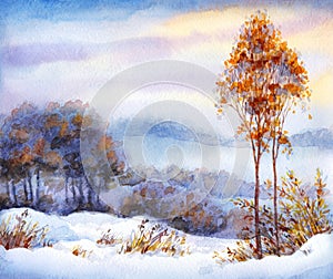 Watercolor winter landscape. Snow-covered valley and trees