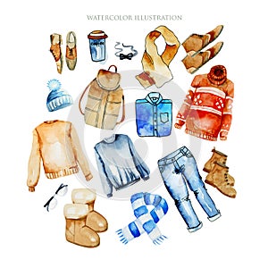 Watercolor winter men clothing illustration collection, clothes layout