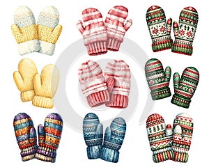 Watercolor winter mittens set, winter accessories, vector illustration