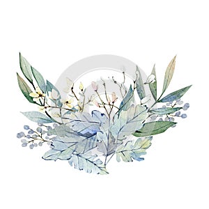 Watercolor winter navy blue floral bouquet. Fall wild floral leaves and branches illustration for wedding invintation,