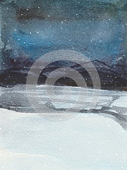 Watercolor winter, night landscape