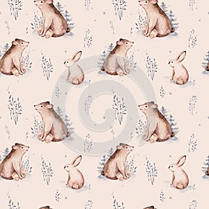 Watercolor winter pattern deer with fawn, owl rabbits, bear birds on white background. Wild forest fox and squirrel animals set.