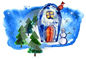 Watercolor winter picture. watercolor snowman. watercolor snowhouse. Snowflakes. New Year`s mood. Christmas greeting