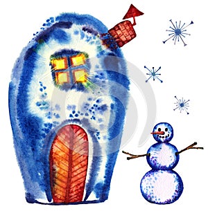 Watercolor winter picture. watercolor snowman. watercolor snowhouse. Snowflakes. New Year`s mood. Christmas greeting