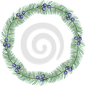 Watercolor winter pine branches and blue berries wreath. Christmas holiday frame. New Year`s card template.