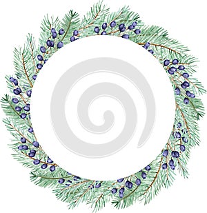 Watercolor winter pine branches and blue berries wreath. Christmas holiday frame. New Year`s card template