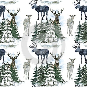 Watercolor winter pine and conifer tree forest seamless pattern with deer animals. Snowy wood print
