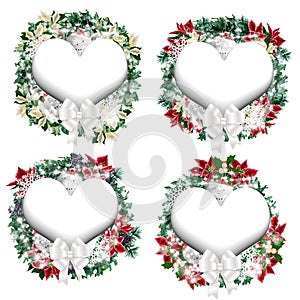 Watercolor winter poinsettia heart wreaths with silver christamas ornaments