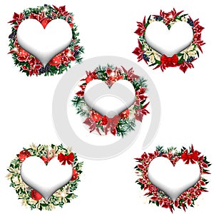 Watercolor winter poinsettia heart wreaths with silver christamas ornaments