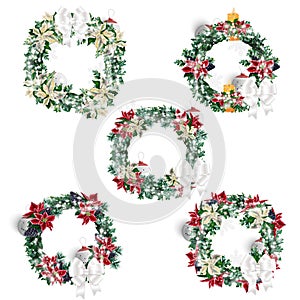 Watercolor winter poinsettia wreaths with silver christamas ornaments