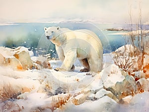 Watercolor winter's painting of polar bear