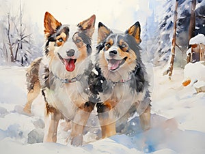 Watercolor winter's painting of two dogs