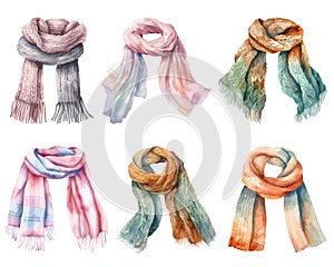 Watercolor winter scarves set, winter accessories, vector illustration