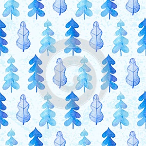 Watercolor winter seamless pattern with blue fir tree