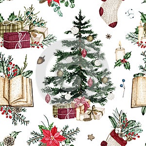 Watercolor winter seamless pattern with christmas gift boxes, tree, candle