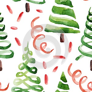Watercolor winter seamless pattern with Christmas interior items. Hand painted holiday stripes and christmas tree isolated on