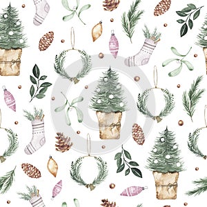 Watercolor winter seamless pattern with christmas tree, wreath cone xmas toys