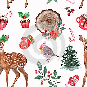 Watercolor winter seamless pattern with cute baby deer, robin bird in warm hat, forest pine tree, candy cane
