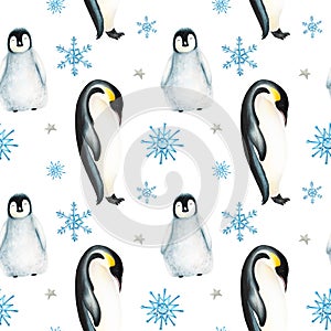 Watercolor winter seamless pattern illustration of a king penguins under snowflakes isolated. Hand painting realistic