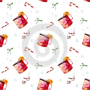 Watercolor winter seamless pattern with the image of a cup with a fragrant drink