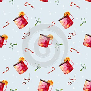 Watercolor winter seamless pattern with the image of a cup with a fragrant drink