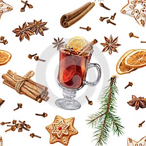 Watercolor winter seamless pattern with mulled wine, spices, christmas tree. Christmas drinks and sweets set.