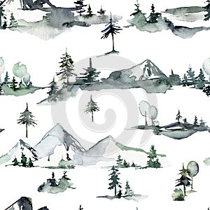 Watercolor winter seamless pattern of snow, trees and mountains. Hand painted abstract illustrations isolated on white