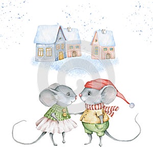 Watercolor Winter Set with Mice and Cozy Houses