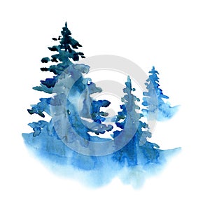 Watercolor winter snow forest isolated on white background. Treescape with pine and fir Illustration landscape for print photo