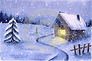 Watercolor winter snowy night landscape. cute night snowfall scene outdoor. country house with light in window and dark forest in