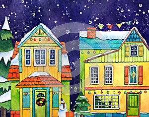 Watercolor Winter Street Village City Houses with snowfall. Hand drawn watercolor illustration.