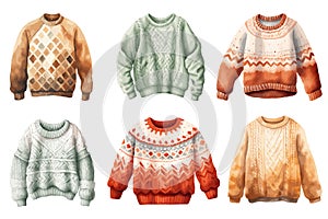 Watercolor winter sweater set, winter accessories, vector illustration