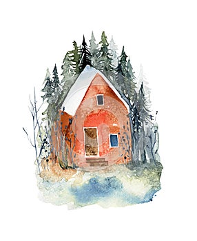 Watercolor winter view on forest cabin, watercolor winter forest scene